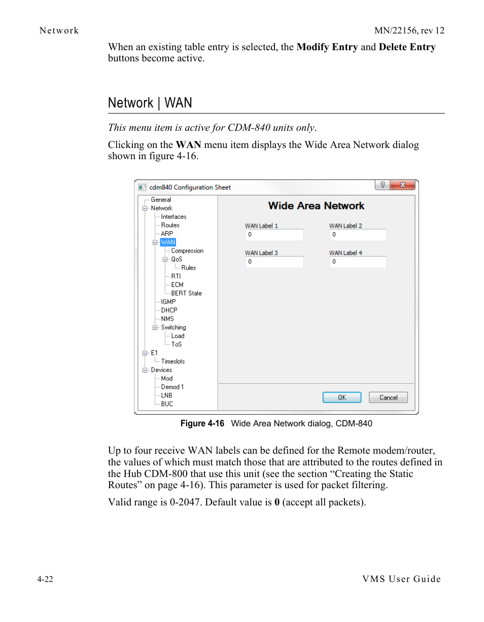 Network | wan, Network | wan -22, Figure 4-16 wide area network dialog, cdm-840 | Comtech EF Data VMS v3.12.x Vipersat User Manual | Page 240 / 558