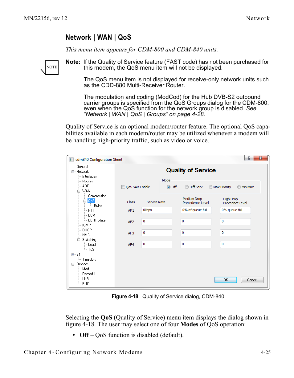 Network | wan | qos, Network | wan | qos -25, Figure 4-18 quality of service dialog, cdm-840 | Comtech EF Data VMS v3.12.x Vipersat User Manual | Page 243 / 558