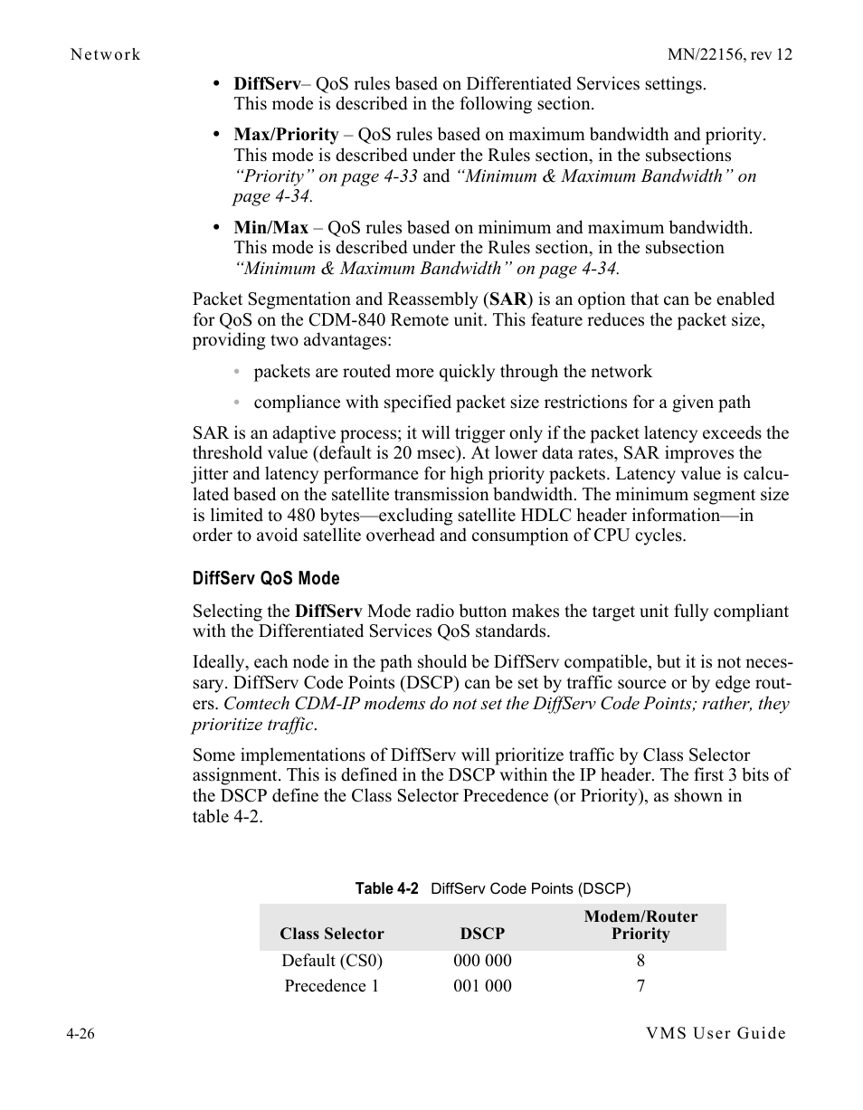 Diffserv qos mode, Diffserv qos mode -26, Table 4-2 diffserv code points (dscp) -26 | Comtech EF Data VMS v3.12.x Vipersat User Manual | Page 244 / 558