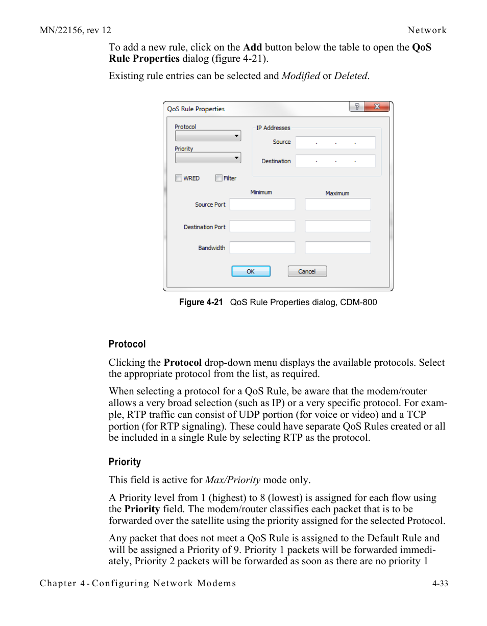 Protocol, Priority, Protocol -33 priority -33 | Figure 4-21 qos rule properties dialog, cdm-800 | Comtech EF Data VMS v3.12.x Vipersat User Manual | Page 251 / 558