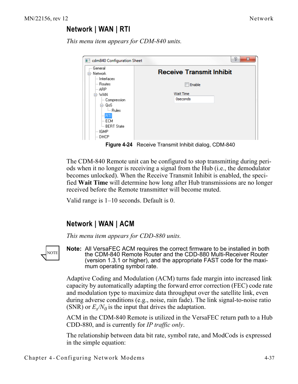 Network | wan | rti, Network | wan | acm, Network | wan | rti -37 network | wan | acm -37 | Figure 4-24 receive transmit inhibit dialog, cdm | Comtech EF Data VMS v3.12.x Vipersat User Manual | Page 255 / 558