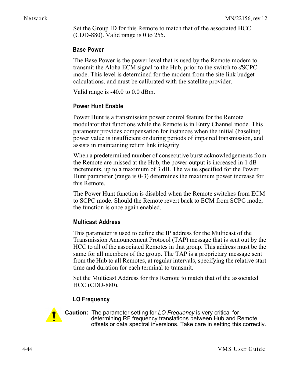 Base power, Power hunt enable, Multicast address | Lo frequency | Comtech EF Data VMS v3.12.x Vipersat User Manual | Page 262 / 558