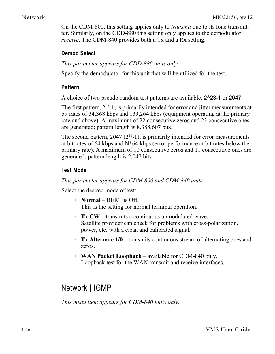 Demod select, Pattern, Test mode | Network | igmp, Demod select -46 pattern -46 test mode -46, Network | igmp -46 | Comtech EF Data VMS v3.12.x Vipersat User Manual | Page 264 / 558