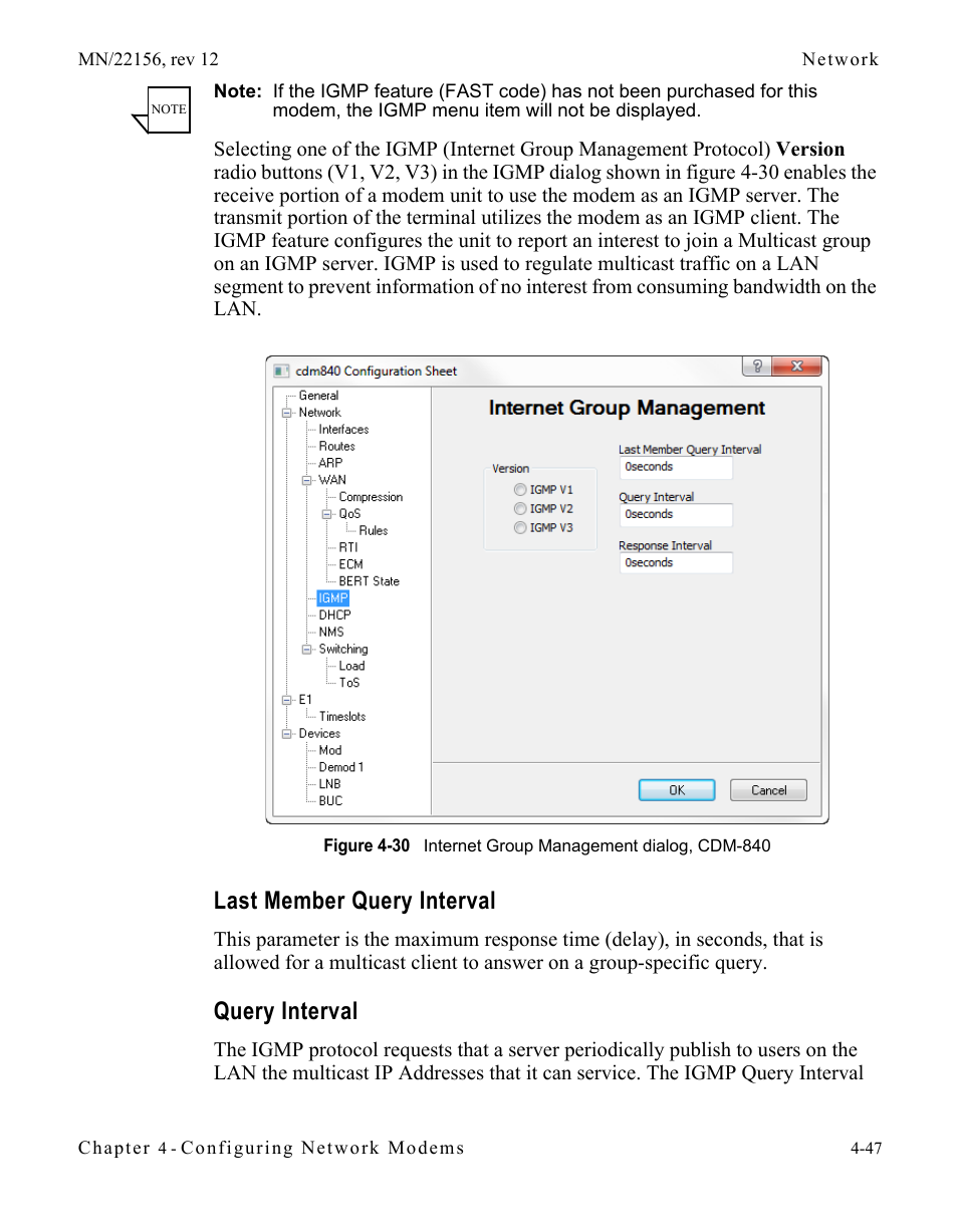 Last member query interval, Query interval, Last member query interval -47 query interval -47 | Figure 4-30 internet group management dialog, Cdm-840 | Comtech EF Data VMS v3.12.x Vipersat User Manual | Page 265 / 558