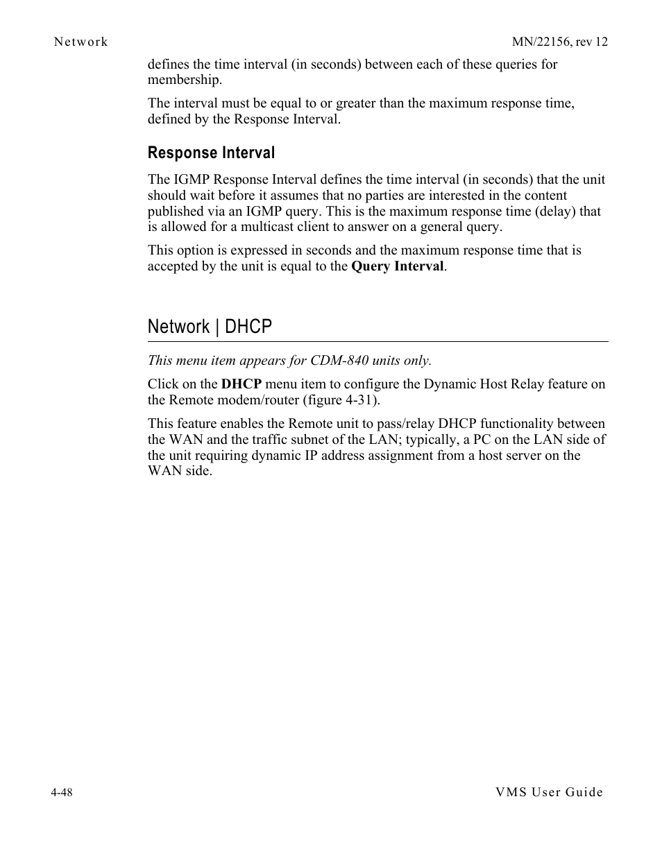 Response interval, Network | dhcp, Response interval -48 | Network | dhcp -48 | Comtech EF Data VMS v3.12.x Vipersat User Manual | Page 266 / 558