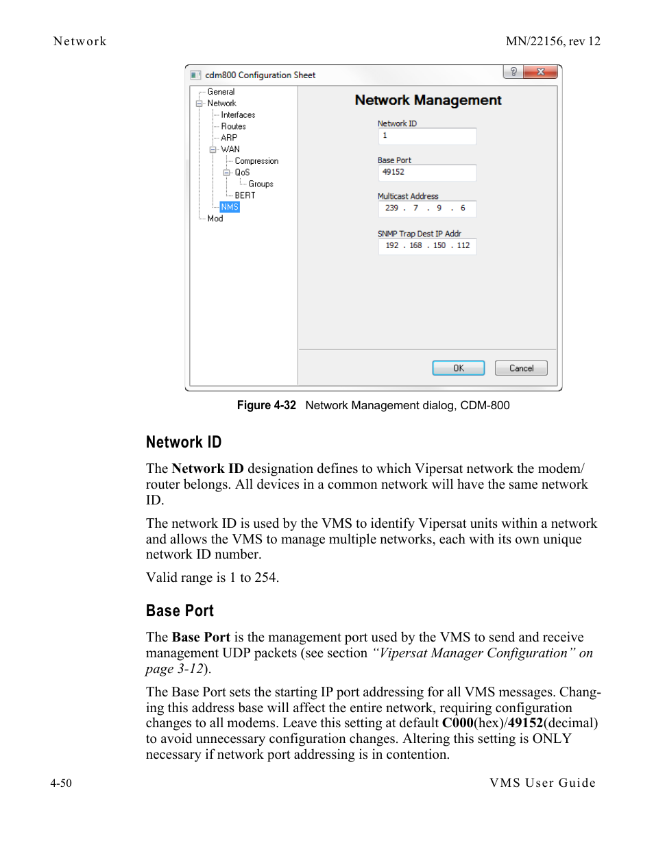 Network id, Base port, Network id -50 base port -50 | Figure 4-32 network management dialog, cdm | Comtech EF Data VMS v3.12.x Vipersat User Manual | Page 268 / 558