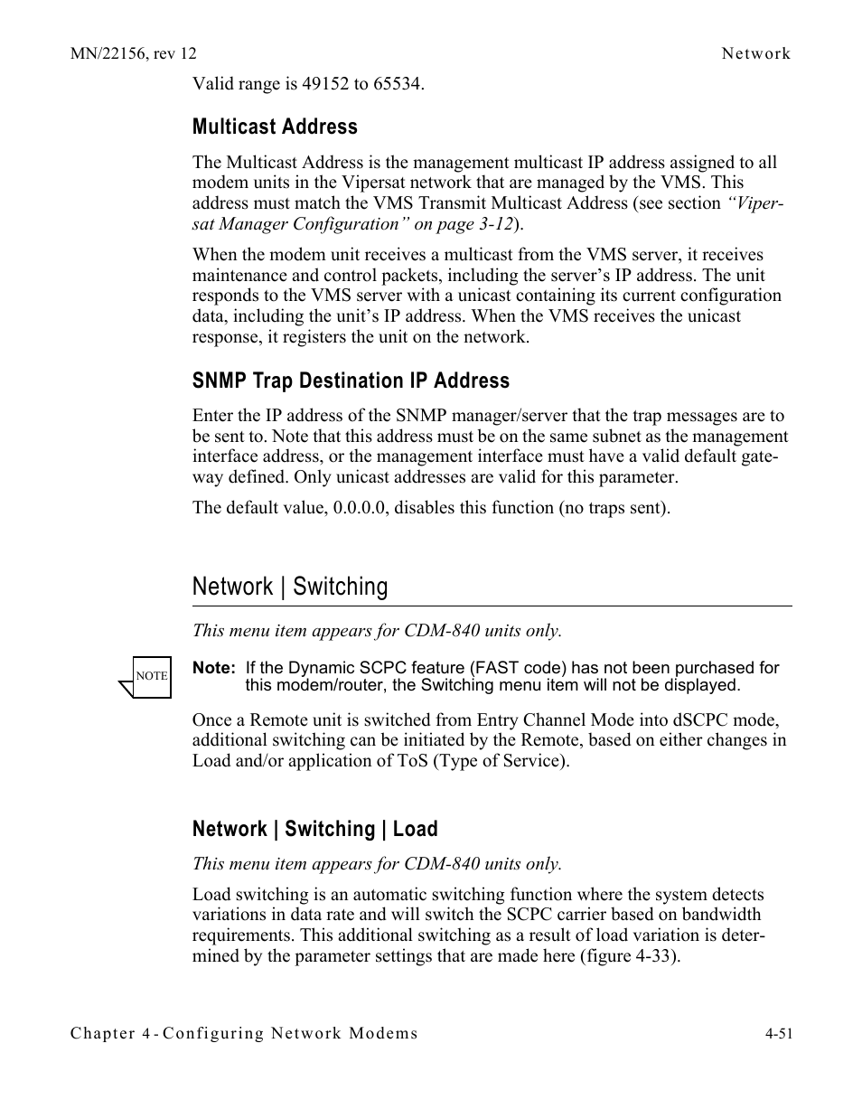 Multicast address, Snmp trap destination ip address, Network | switching | Network | switching | load, Network | switching -51, Network | switching | load -51 | Comtech EF Data VMS v3.12.x Vipersat User Manual | Page 269 / 558