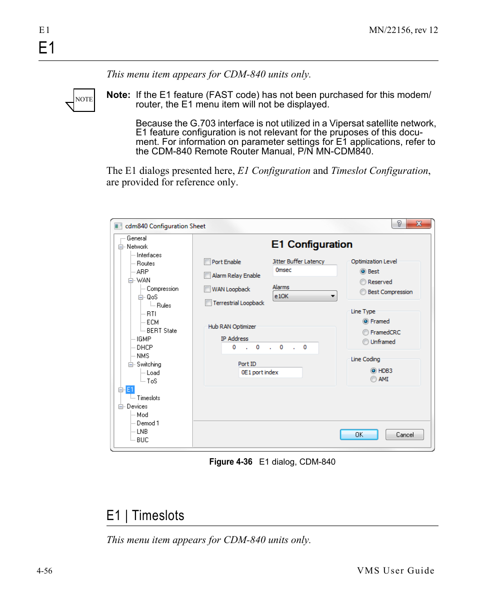 E1 | timeslots, E1 -56, E1 | timeslots -56 | Figure 4-36 e1 dialog, cdm-840 | Comtech EF Data VMS v3.12.x Vipersat User Manual | Page 274 / 558