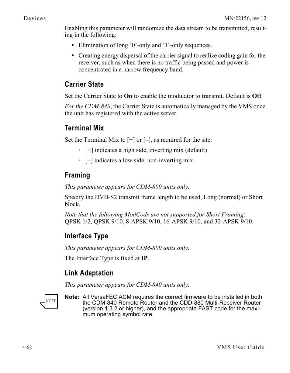 Carrier state, Terminal mix, Framing | Interface type, Link adaptation | Comtech EF Data VMS v3.12.x Vipersat User Manual | Page 280 / 558