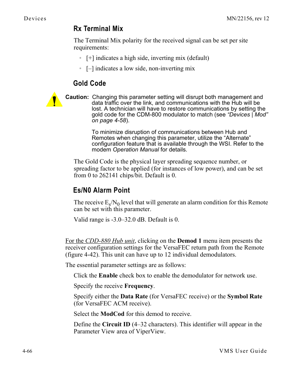 Rx terminal mix, Gold code, Es/n0 alarm point | Comtech EF Data VMS v3.12.x Vipersat User Manual | Page 284 / 558