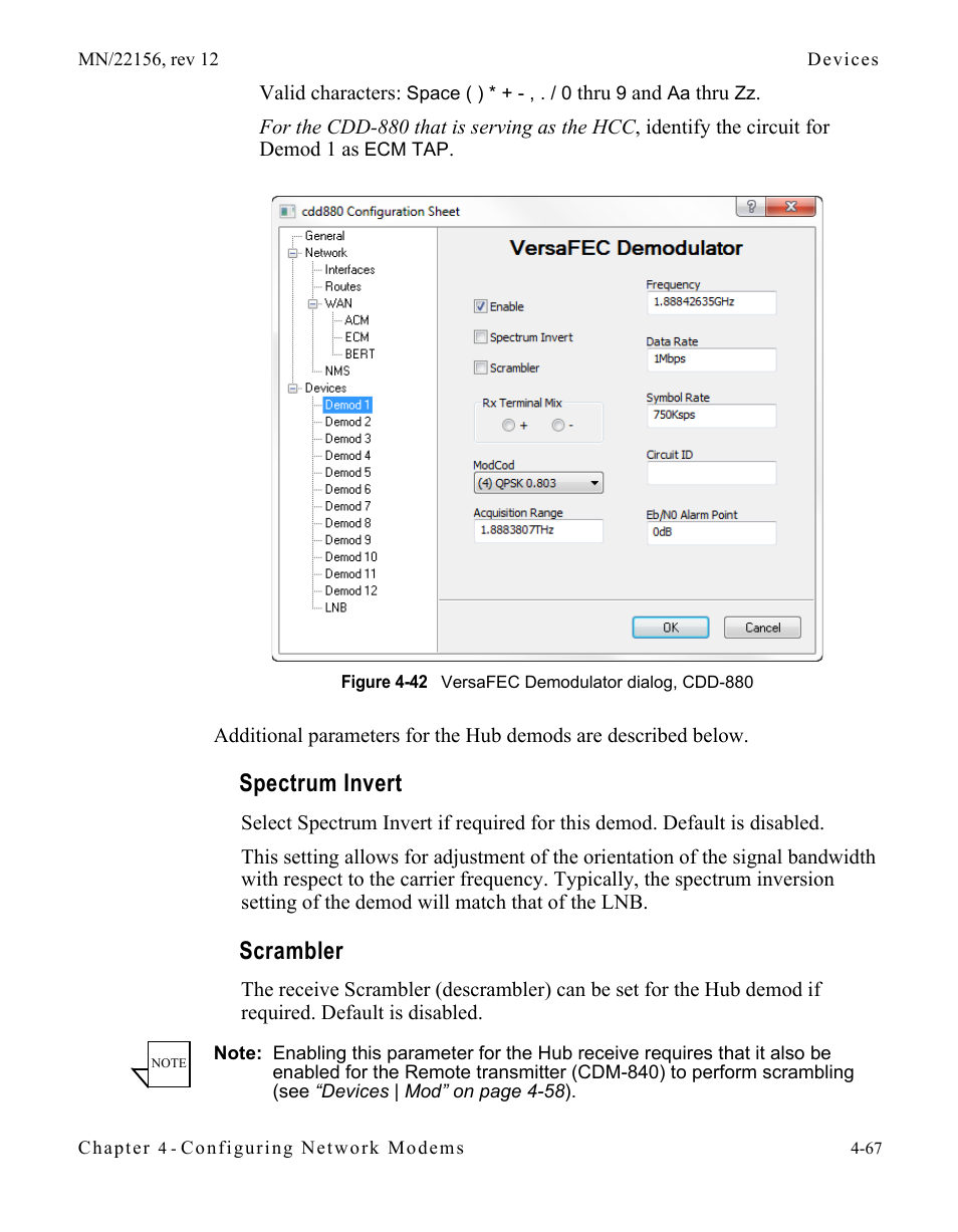 Spectrum invert, Scrambler, Spectrum invert -67 scrambler -67 | Figure 4-42 versafec demodulator dialog, cdd | Comtech EF Data VMS v3.12.x Vipersat User Manual | Page 285 / 558