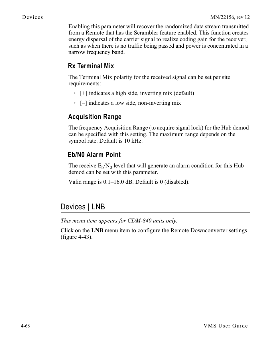 Rx terminal mix, Acquisition range, Eb/n0 alarm point | Devices | lnb, Devices | lnb -68 | Comtech EF Data VMS v3.12.x Vipersat User Manual | Page 286 / 558