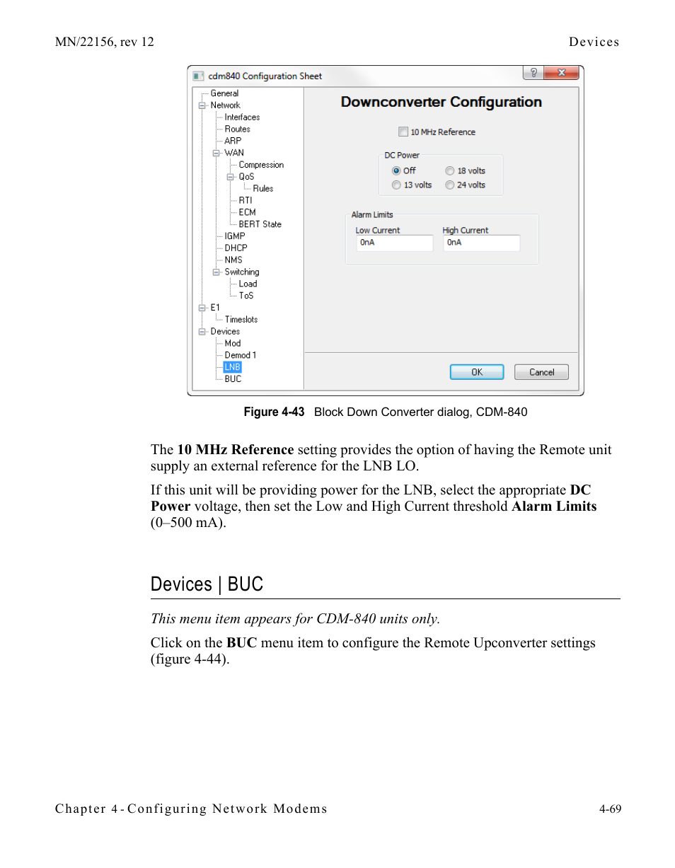 Devices | buc, Devices | buc -69, Figure 4-43 block down converter dialog, cdm | Comtech EF Data VMS v3.12.x Vipersat User Manual | Page 287 / 558