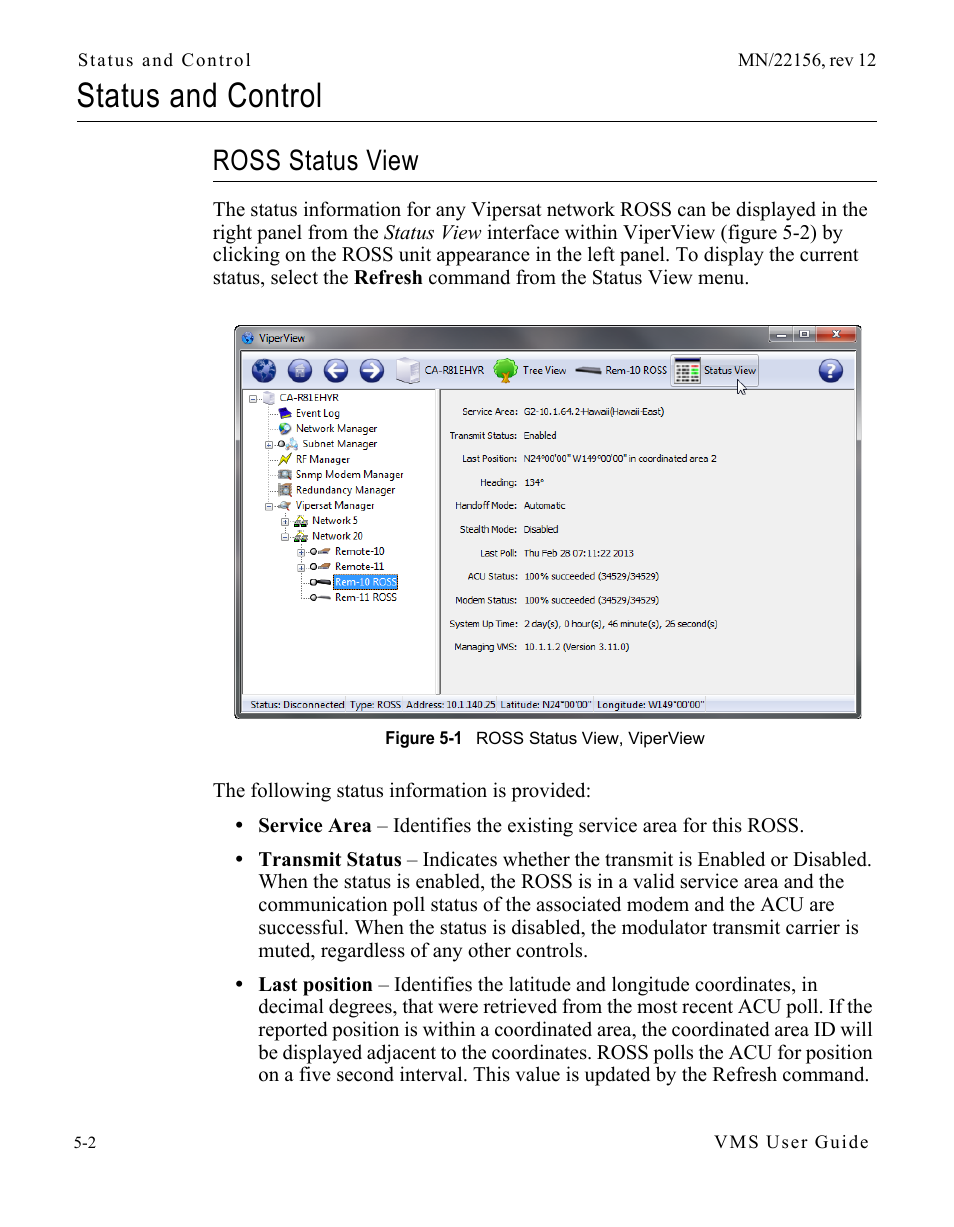 Status and control, Ross status view, Status and control -2 | Ross status view -2, Figure 5-1 ross status view, viperview | Comtech EF Data VMS v3.12.x Vipersat User Manual | Page 290 / 558