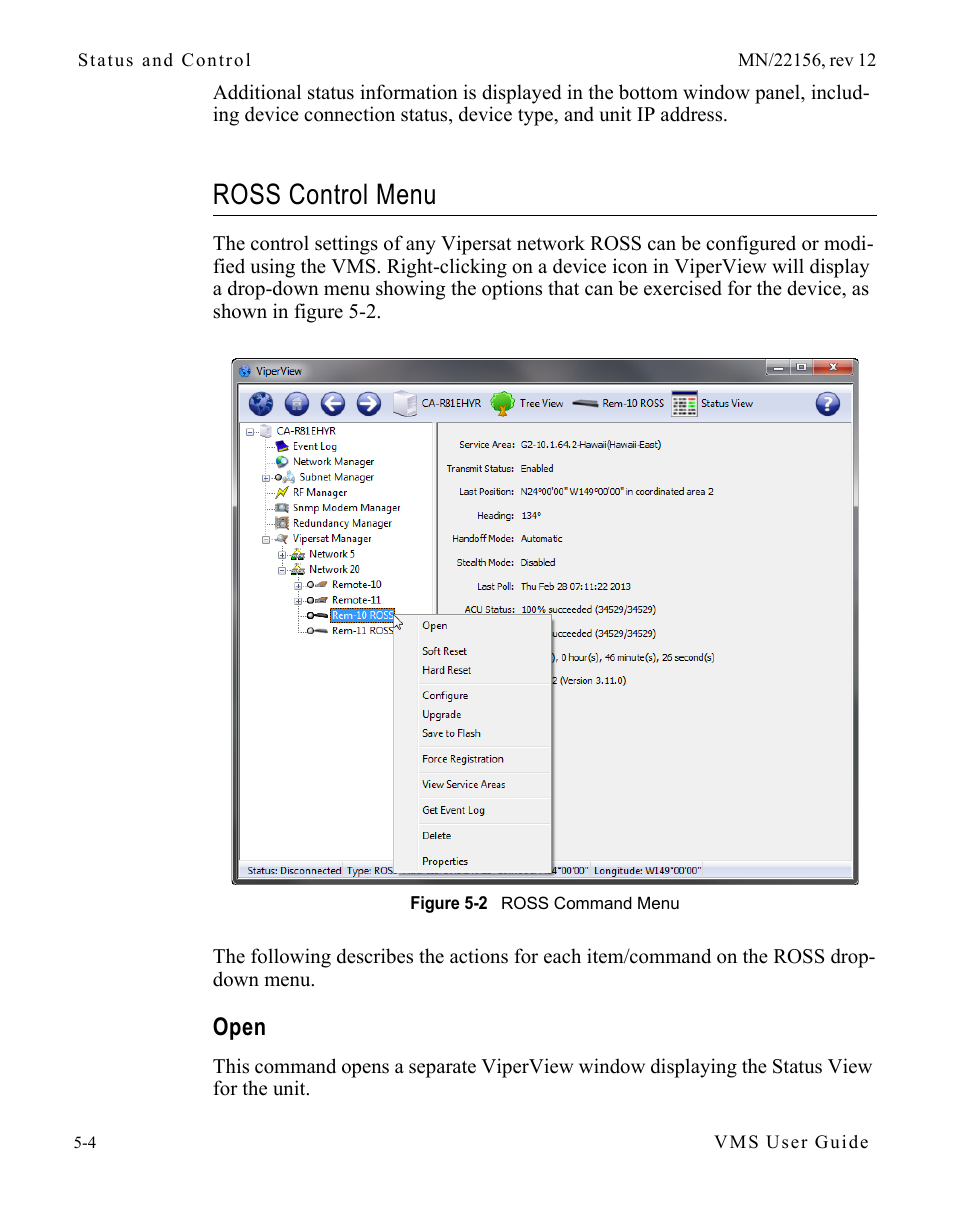 Ross control menu, Open, Ross control menu -4 | Open -4, Figure 5-2 ross command menu | Comtech EF Data VMS v3.12.x Vipersat User Manual | Page 292 / 558