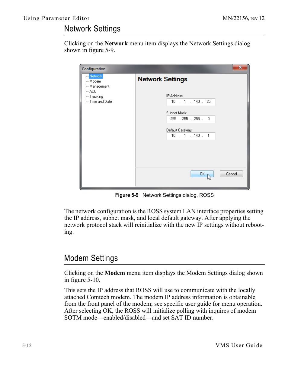 Network settings, Modem settings, Network settings -12 modem settings -12 | Figure 5-9 network settings dialog, ross | Comtech EF Data VMS v3.12.x Vipersat User Manual | Page 300 / 558