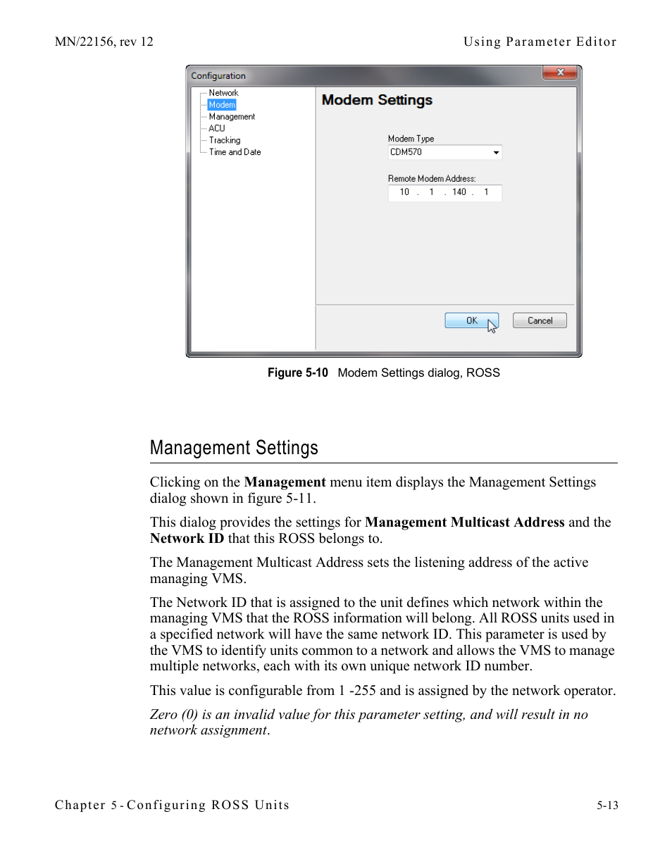 Management settings, Management settings -13, Figure 5-10 modem settings dialog, ross | Comtech EF Data VMS v3.12.x Vipersat User Manual | Page 301 / 558