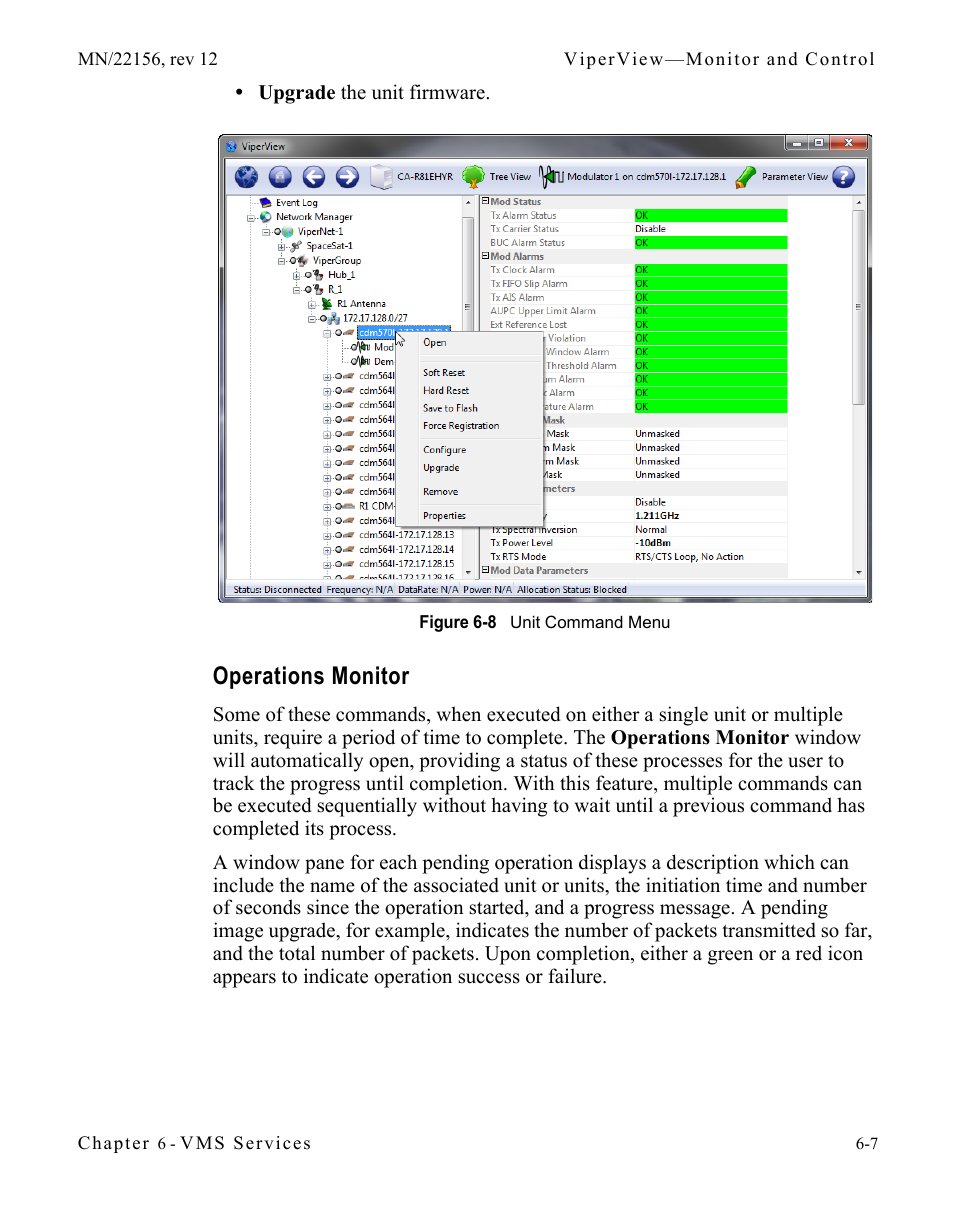 Operations monitor, Operations monitor -7, Figure 6-8 unit command menu | Comtech EF Data VMS v3.12.x Vipersat User Manual | Page 313 / 558