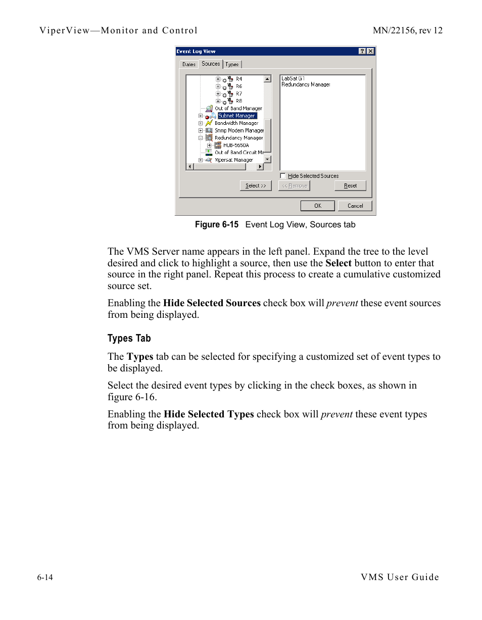 Types tab, Types tab -14, Figure 6-15 event log view, sources tab | Comtech EF Data VMS v3.12.x Vipersat User Manual | Page 320 / 558