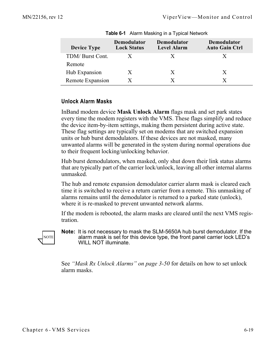 Unlock alarm masks, Unlock alarm masks -19, Table 6-1 alarm masking in a typical network 6-19 | Comtech EF Data VMS v3.12.x Vipersat User Manual | Page 325 / 558