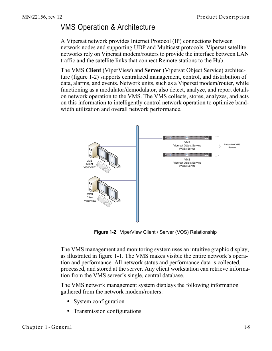 Vms operation & architecture, Vms operation & architecture -9, Figure 1-2 viperview client / server (vos) | Relationship | Comtech EF Data VMS v3.12.x Vipersat User Manual | Page 33 / 558