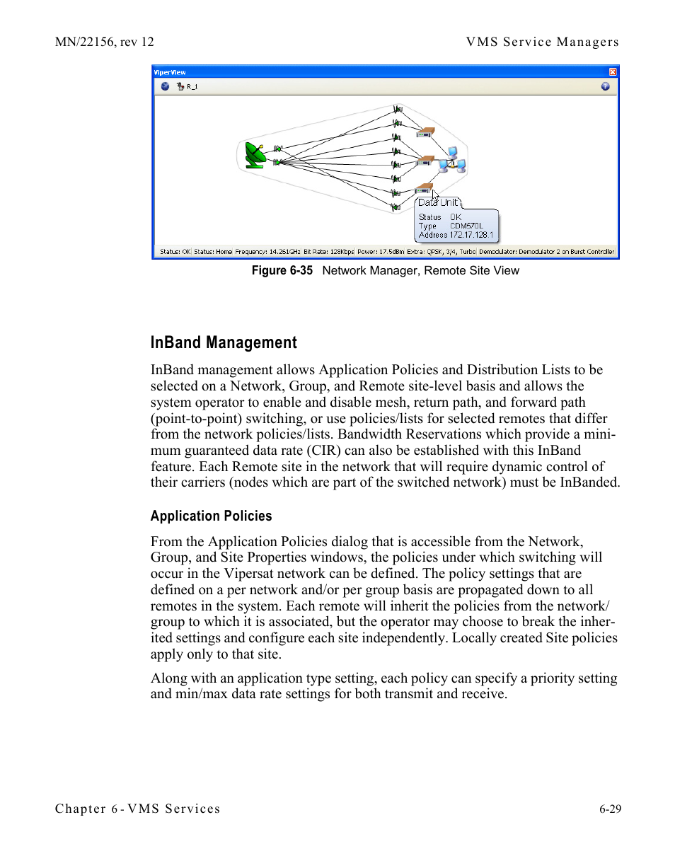 Inband management, Application policies, Inband management -29 | Application policies -29, Figure 6-35 network manager, remote site view | Comtech EF Data VMS v3.12.x Vipersat User Manual | Page 335 / 558