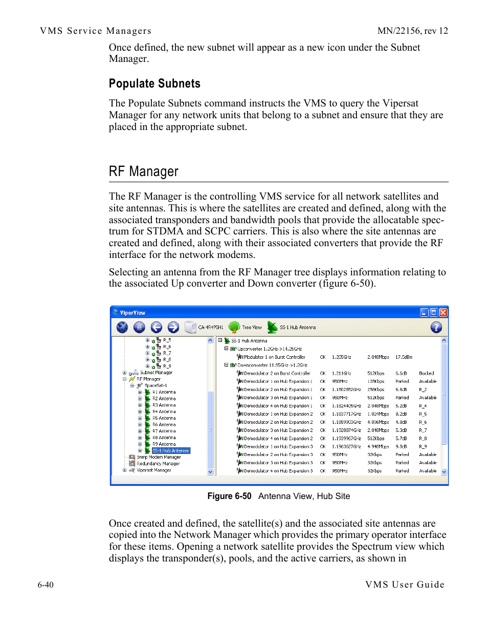 Populate subnets, Rf manager, Populate subnets -40 | Rf manager -40, Figure 6-50 antenna view, hub site | Comtech EF Data VMS v3.12.x Vipersat User Manual | Page 346 / 558