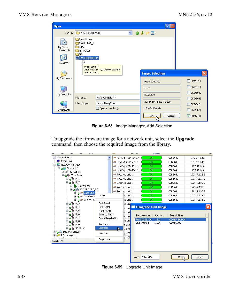 Figure 6-58 image manager, add selection, Figure 6-59 upgrade unit image | Comtech EF Data VMS v3.12.x Vipersat User Manual | Page 354 / 558