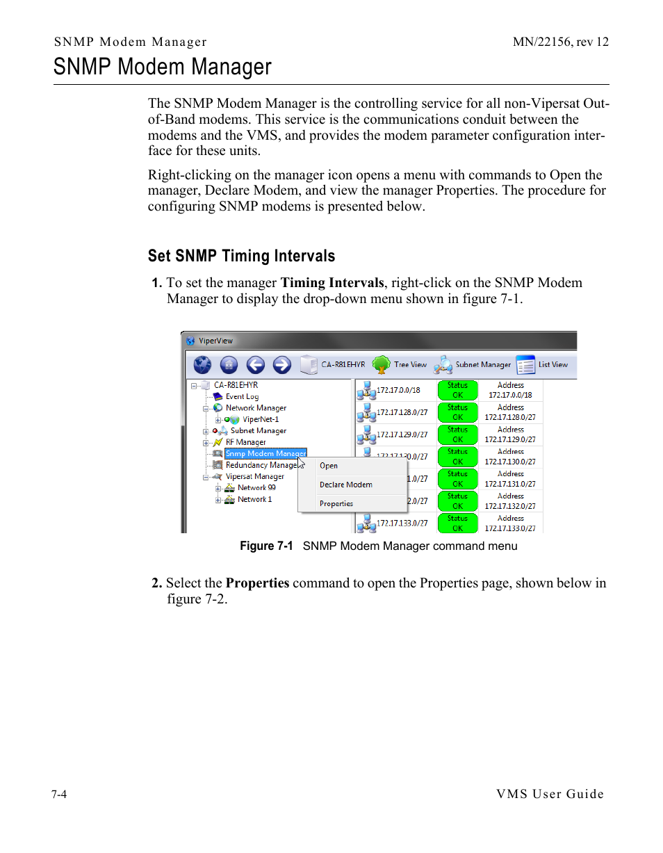 Snmp modem manager, Set snmp timing intervals, Snmp modem manager -4 | Set snmp timing intervals -4, Figure 7-1 snmp modem manager command, Menu | Comtech EF Data VMS v3.12.x Vipersat User Manual | Page 360 / 558