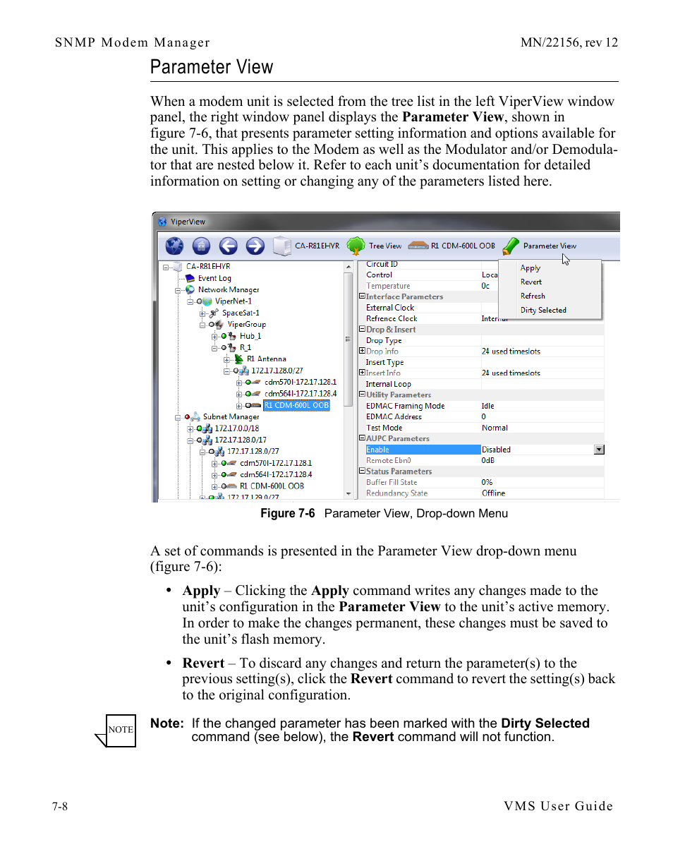 Parameter view, Parameter view -8, Figure 7-6 parameter view, drop-down menu | Comtech EF Data VMS v3.12.x Vipersat User Manual | Page 364 / 558