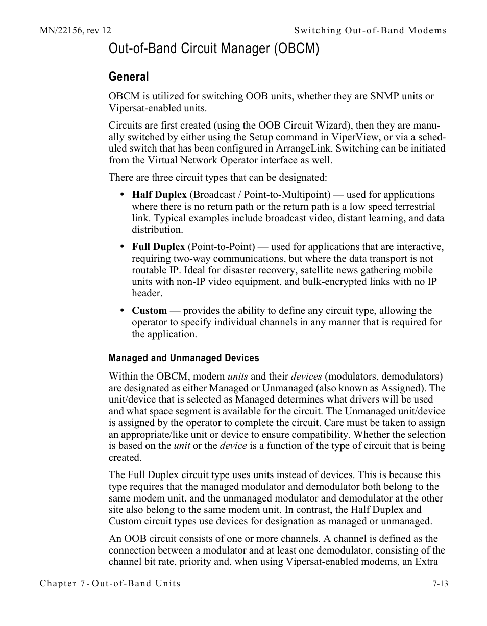 Out-of-band circuit manager (obcm), General, Managed and unmanaged devices | Out-of-band circuit manager (obcm) -13, General -13, Managed and unmanaged devices . 7-13 | Comtech EF Data VMS v3.12.x Vipersat User Manual | Page 369 / 558