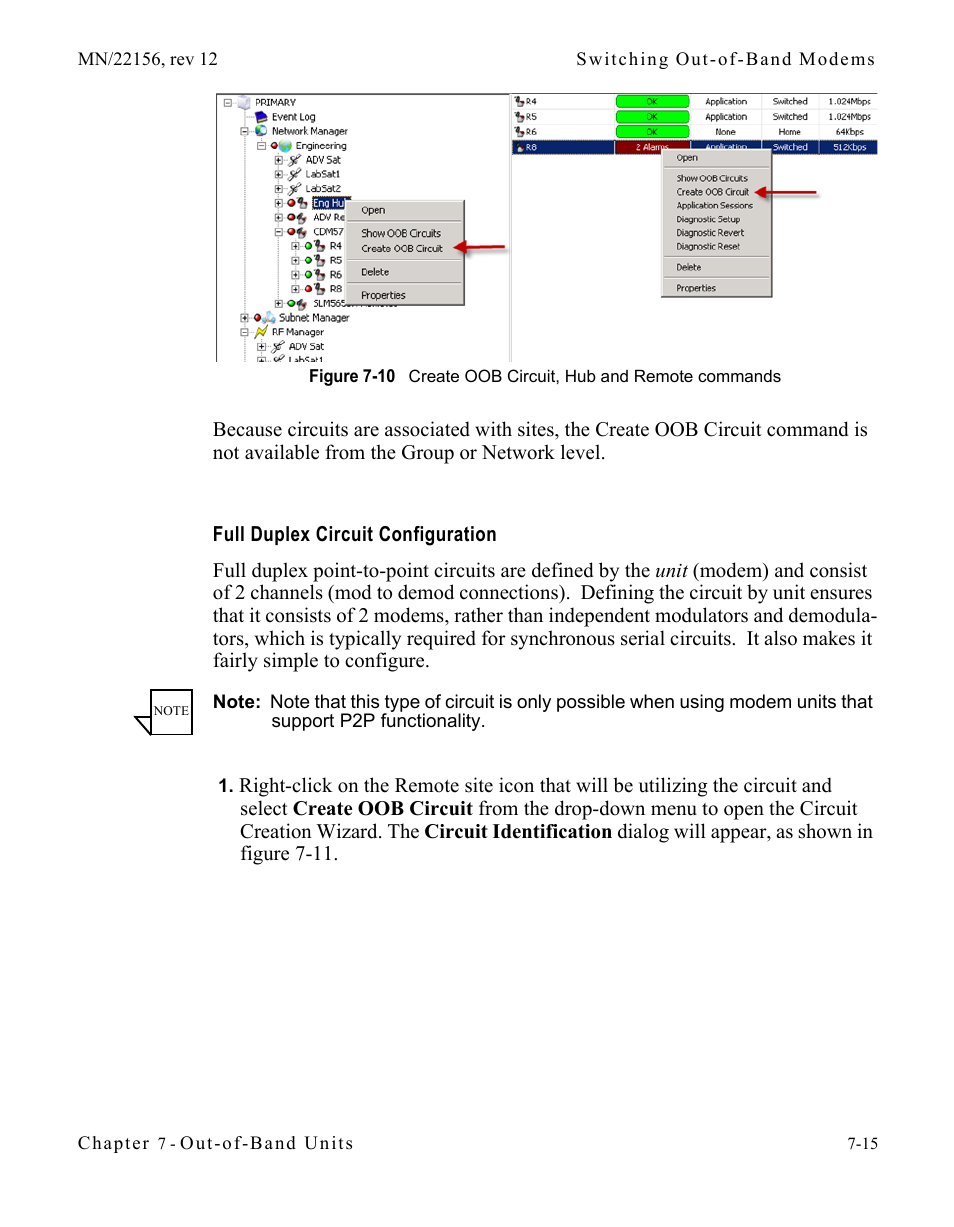 Full duplex circuit configuration, Full duplex circuit configuration -15, Figure 7-10 create oob circuit, hub and remote | Commands | Comtech EF Data VMS v3.12.x Vipersat User Manual | Page 371 / 558