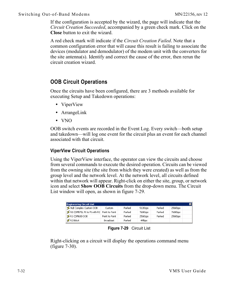 Oob circuit operations, Viperview circuit operations, Oob circuit operations -32 | Viperview circuit operations -32, Figure 7-29 circuit list | Comtech EF Data VMS v3.12.x Vipersat User Manual | Page 388 / 558