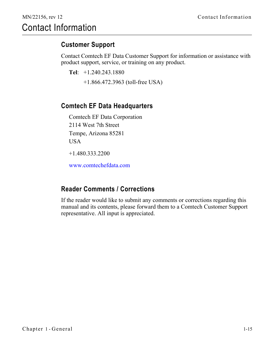 Contact information, Customer support, Comtech ef data headquarters | Reader comments / corrections, Contact information -15, Reader comments / corrections -15 | Comtech EF Data VMS v3.12.x Vipersat User Manual | Page 39 / 558