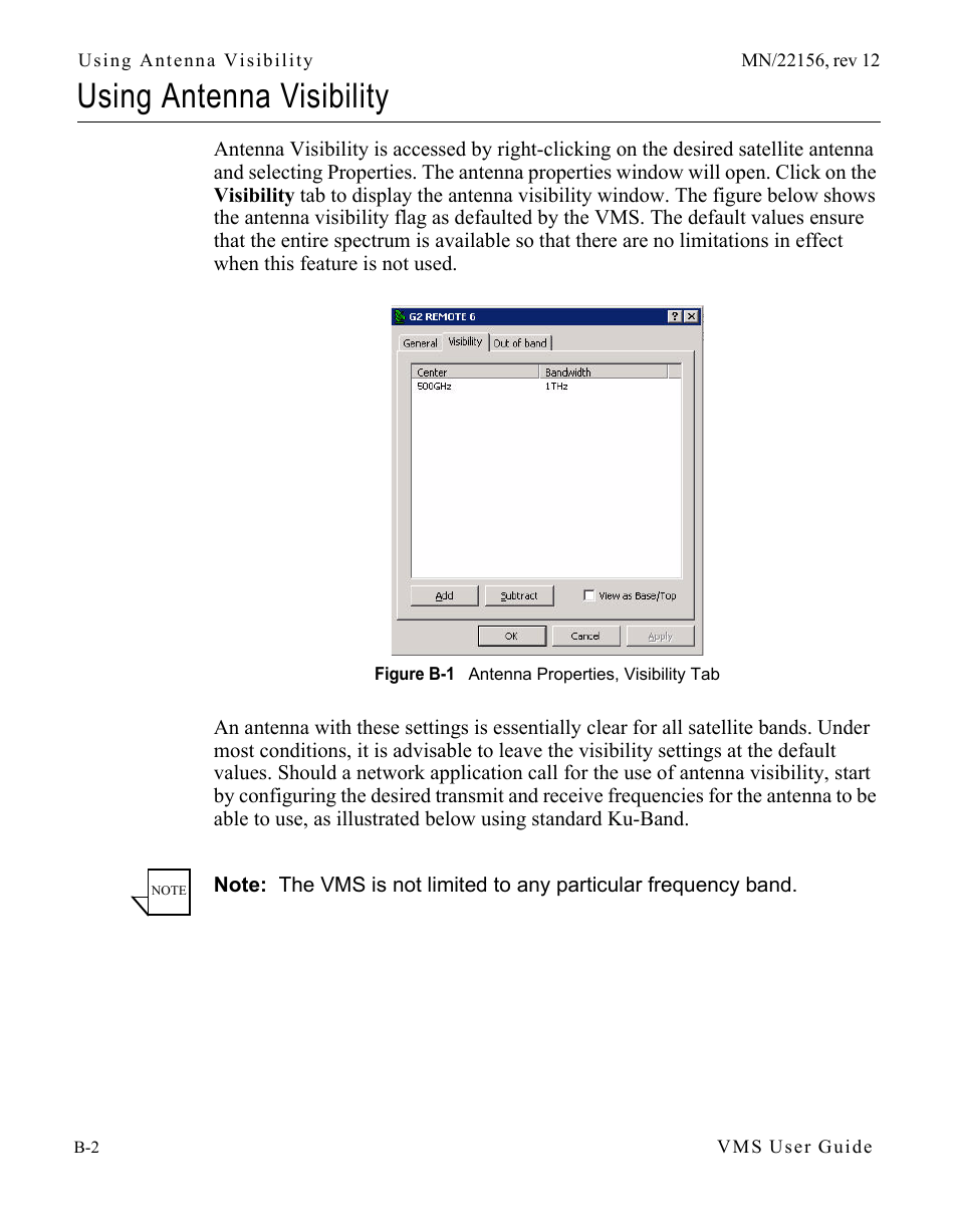 Using antenna visibility, Figure b-1 antenna properties, visibility tab | Comtech EF Data VMS v3.12.x Vipersat User Manual | Page 404 / 558