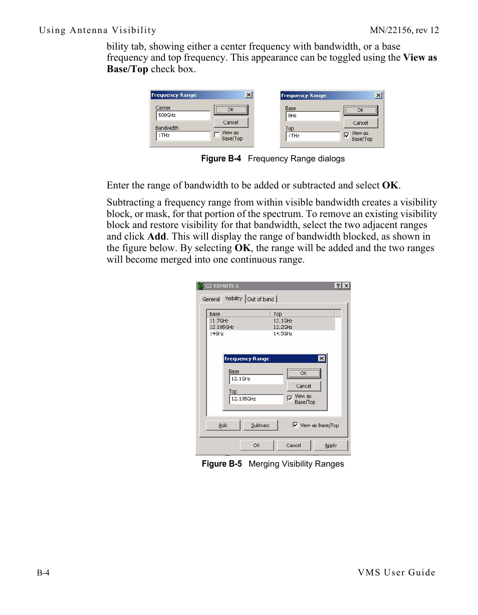 Figure b-4 frequency range dialogs, Figure b-5 merging visibility ranges | Comtech EF Data VMS v3.12.x Vipersat User Manual | Page 406 / 558