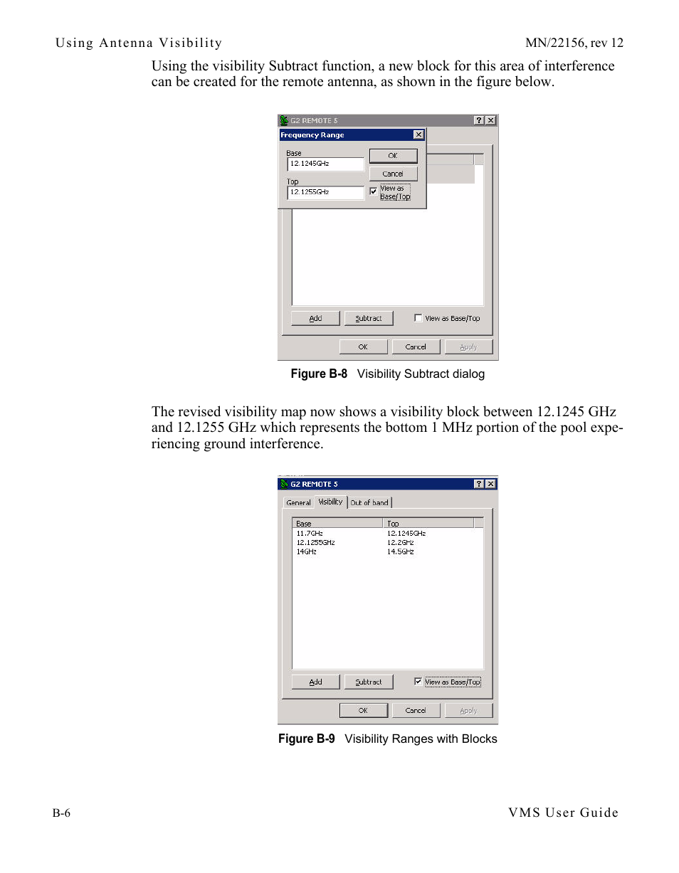 Figure b-8 visibility subtract dialog, Figure b-9 visibility ranges with blocks | Comtech EF Data VMS v3.12.x Vipersat User Manual | Page 408 / 558