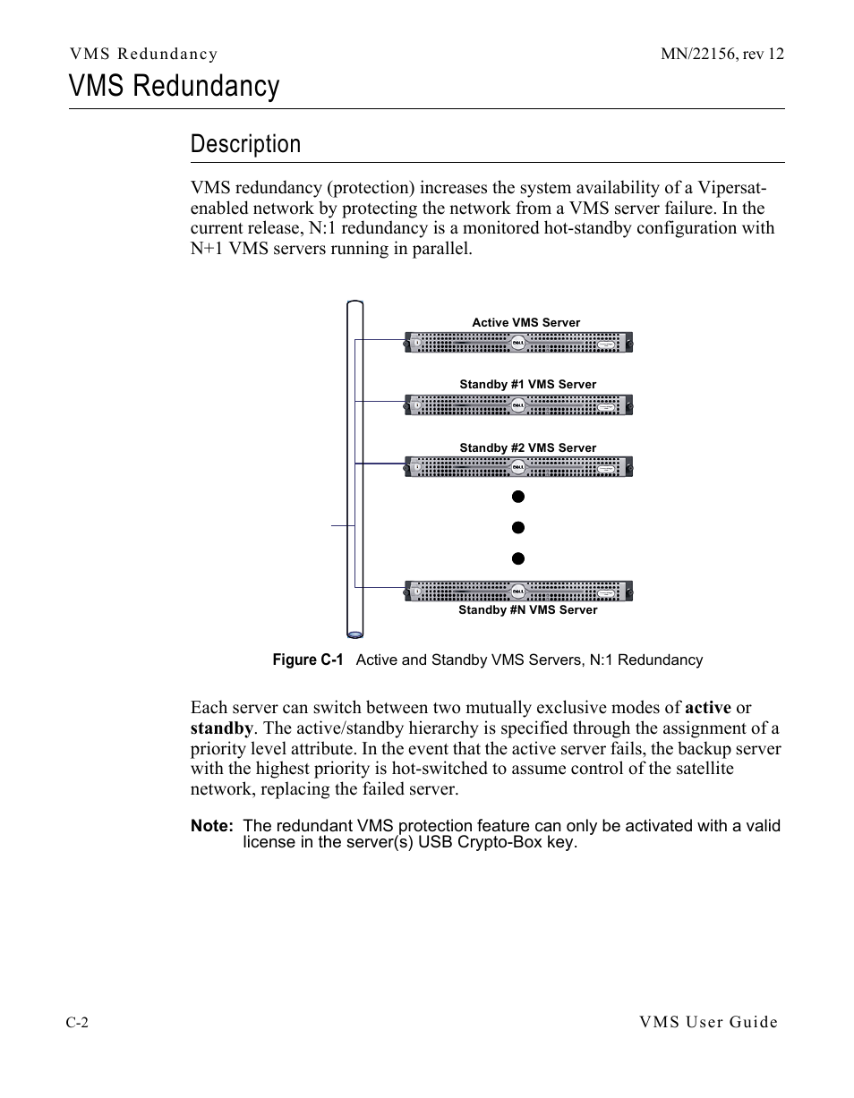 Vms redundancy, Description, Vms redundancy. . . . . . . . . . . . . . . c-2 | Description . . . . . . . . . . . . . . . . . c-2, Figure c-1 active and standby vms servers, n:1, Redundancy | Comtech EF Data VMS v3.12.x Vipersat User Manual | Page 412 / 558