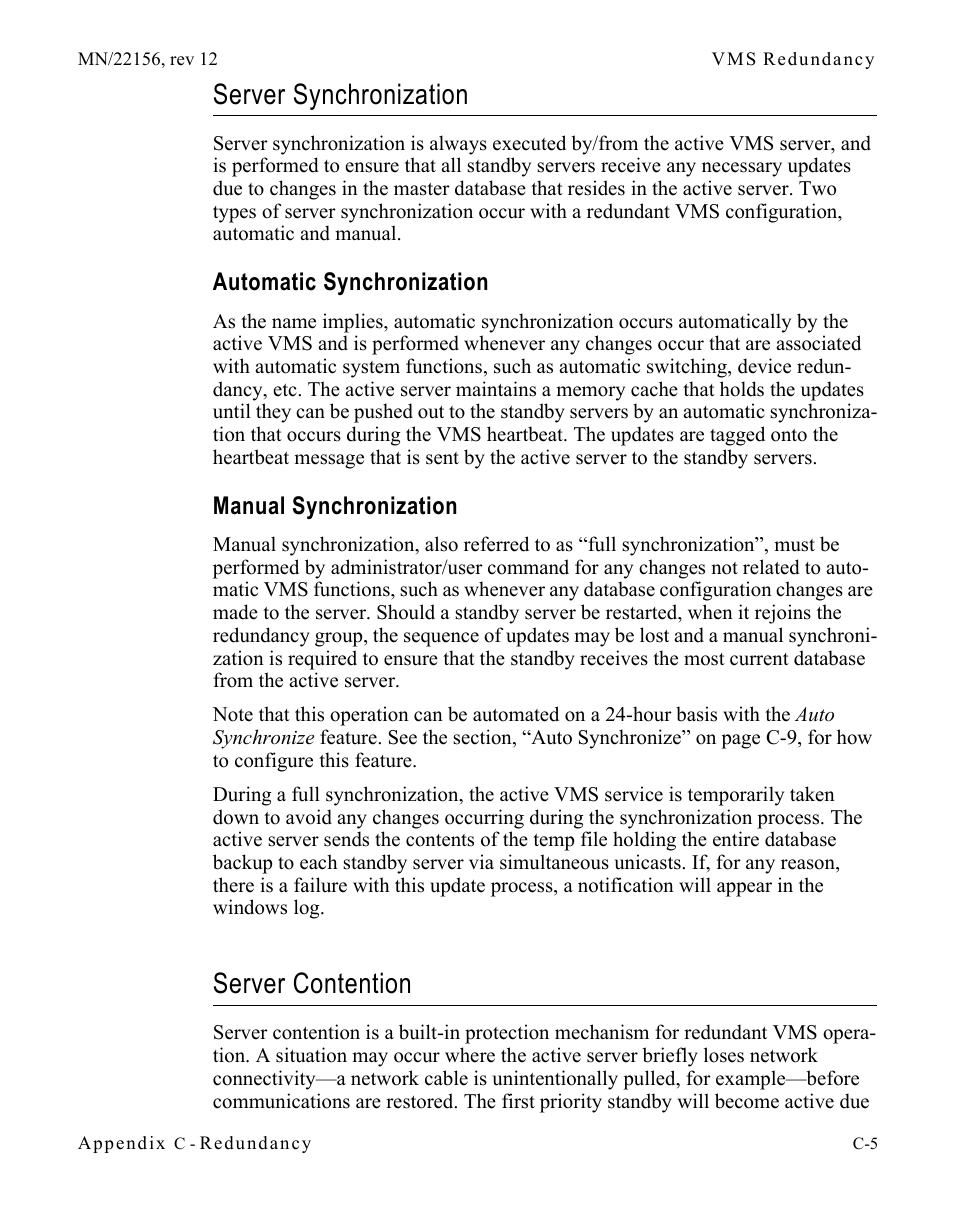 Server synchronization, Automatic synchronization, Manual synchronization | Server contention, Server synchronization . . . . . . . . . . . c-5, Server contention . . . . . . . . . . . . . c-5 | Comtech EF Data VMS v3.12.x Vipersat User Manual | Page 415 / 558