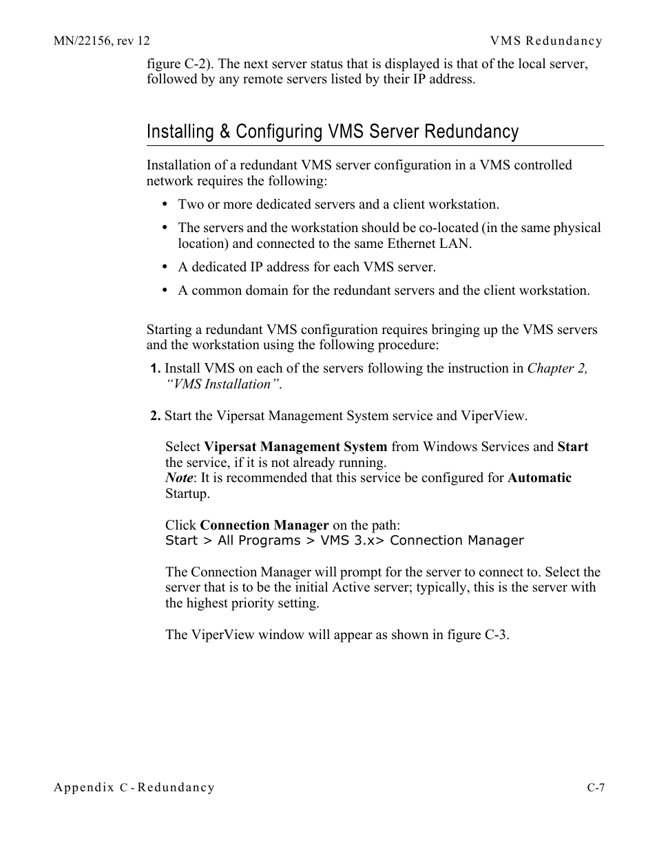 Installing & configuring vms server redundancy, Installing & configuring vms server, Redundancy . . . . . . . . . . . . . . . . c-7 | Comtech EF Data VMS v3.12.x Vipersat User Manual | Page 417 / 558