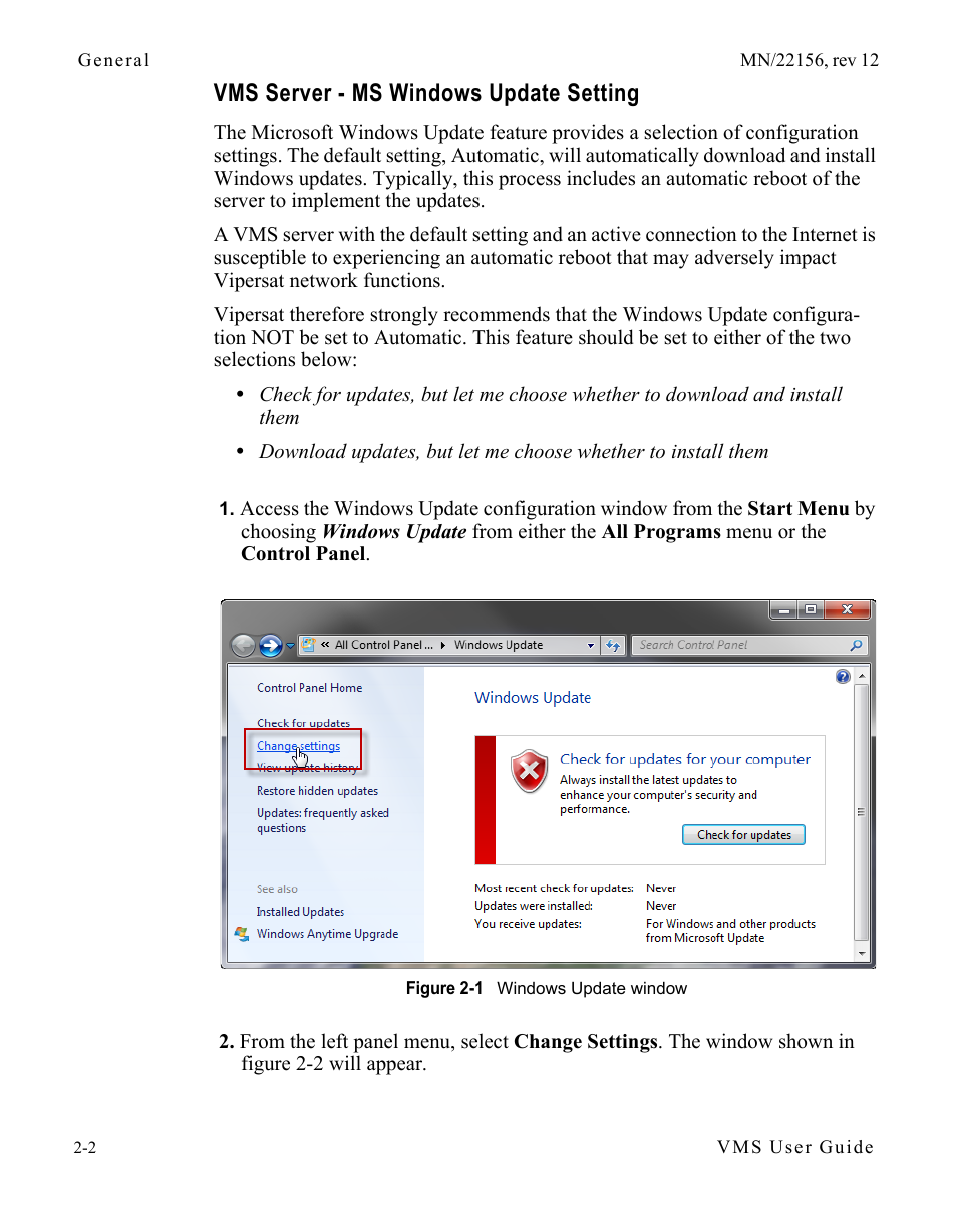 Vms server - ms windows update setting, Figure 2-1 windows update window | Comtech EF Data VMS v3.12.x Vipersat User Manual | Page 42 / 558