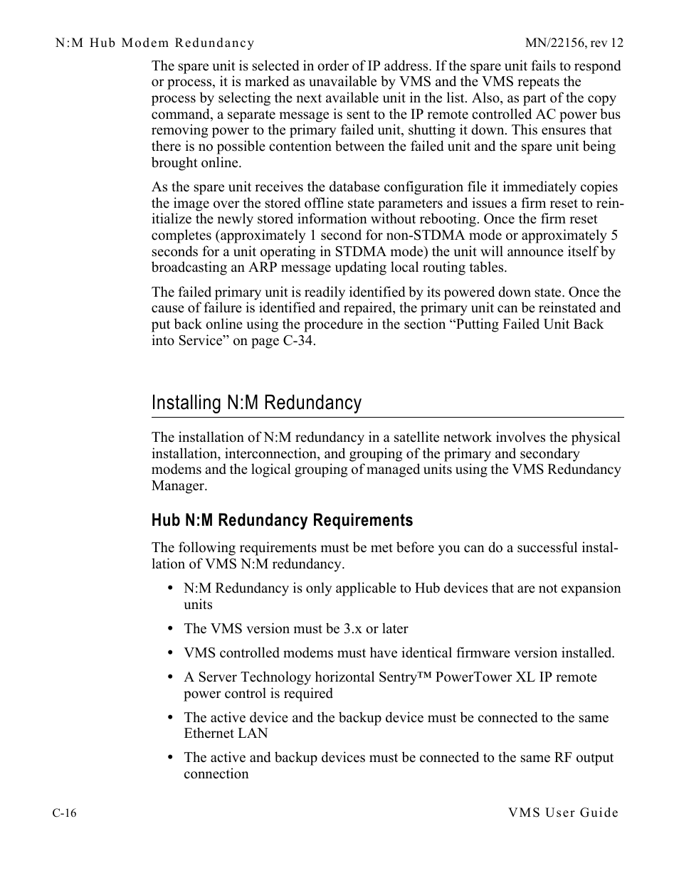 Installing n:m redundancy, Hub n:m redundancy requirements, Installing n:m redundancy . . . . . . . . c-16 | Hub n:m redundancy requirements . c-16 | Comtech EF Data VMS v3.12.x Vipersat User Manual | Page 426 / 558