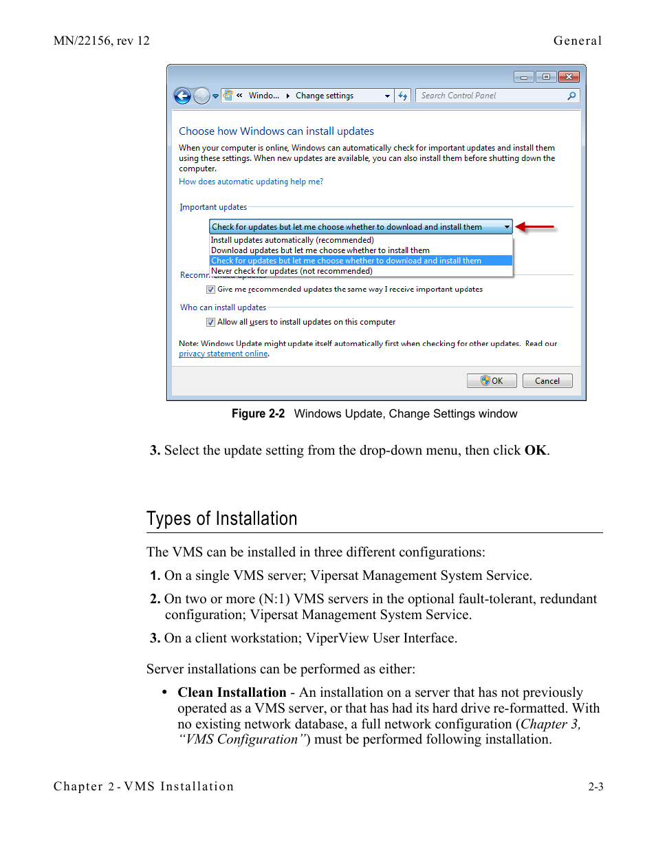 Types of installation, Types of installation -3, Figure 2-2 windows update, change settings | Window | Comtech EF Data VMS v3.12.x Vipersat User Manual | Page 43 / 558