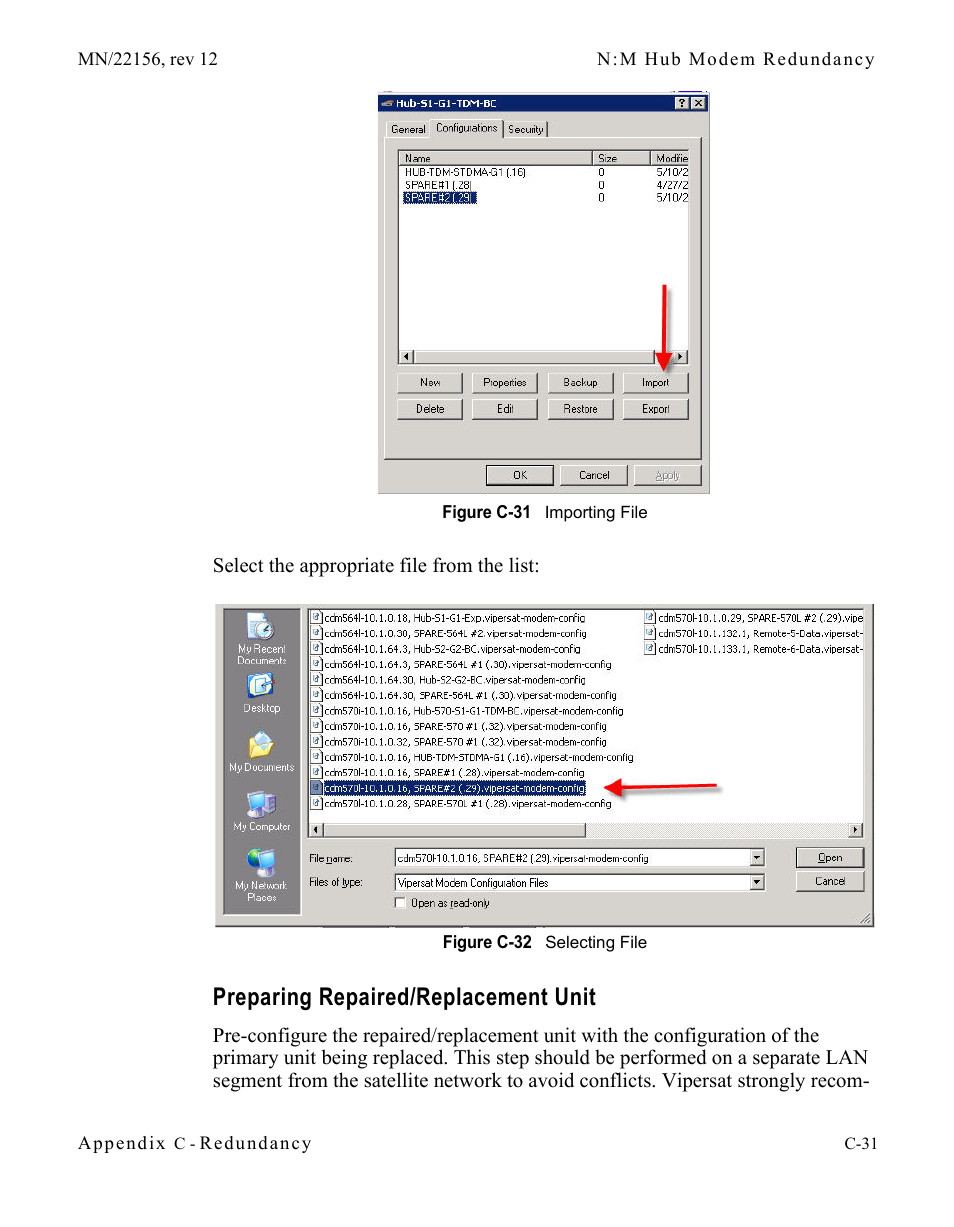 Preparing repaired/replacement unit, Preparing repaired/replacement unit c-31, Figure c-31 importing file | Figure c-32 selecting file | Comtech EF Data VMS v3.12.x Vipersat User Manual | Page 441 / 558