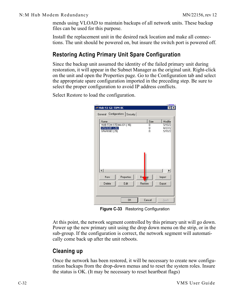 Restoring acting primary unit spare configuration, Cleaning up, Restoring acting primary unit spare | Configuration . . . . . . . . . . . . c-32, Cleaning up . . . . . . . . . . . . . . c-32, Figure c-33 restoring configuration | Comtech EF Data VMS v3.12.x Vipersat User Manual | Page 442 / 558