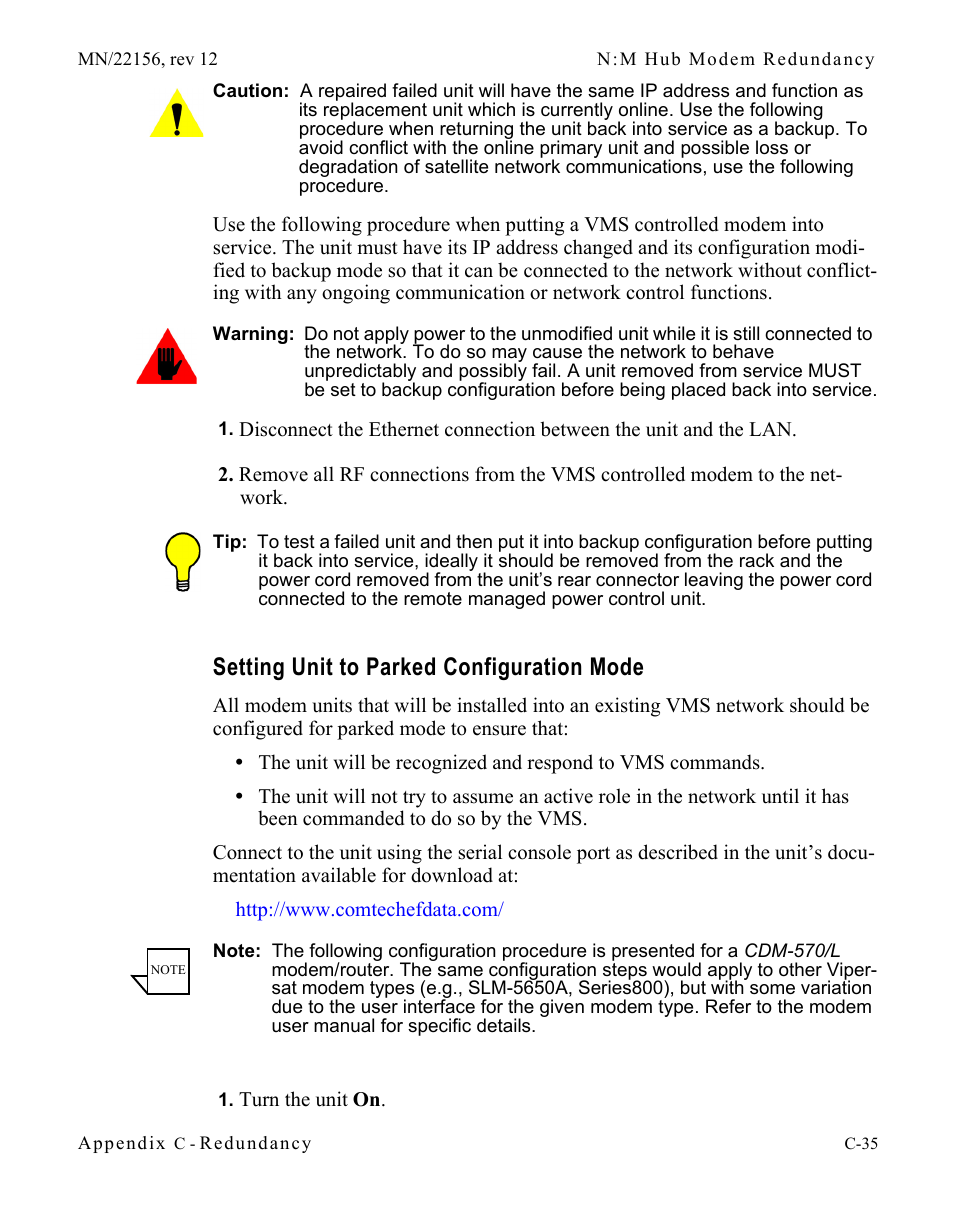 Setting unit to parked configuration mode, C-35, In the section “setting unit to | Comtech EF Data VMS v3.12.x Vipersat User Manual | Page 445 / 558