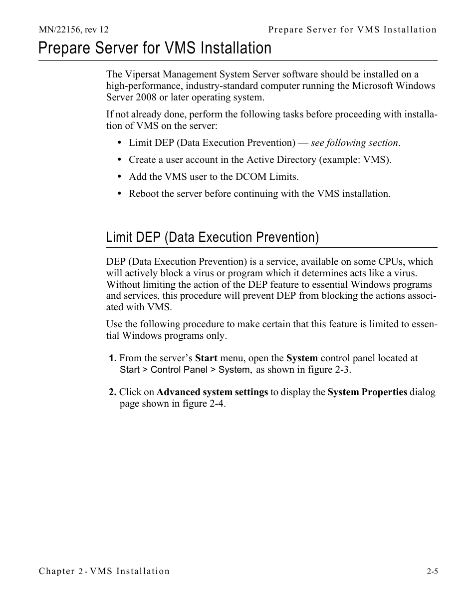 Prepare server for vms installation, Limit dep (data execution prevention), Prepare server for vms installation -5 | Limit dep (data execution prevention) -5 | Comtech EF Data VMS v3.12.x Vipersat User Manual | Page 45 / 558