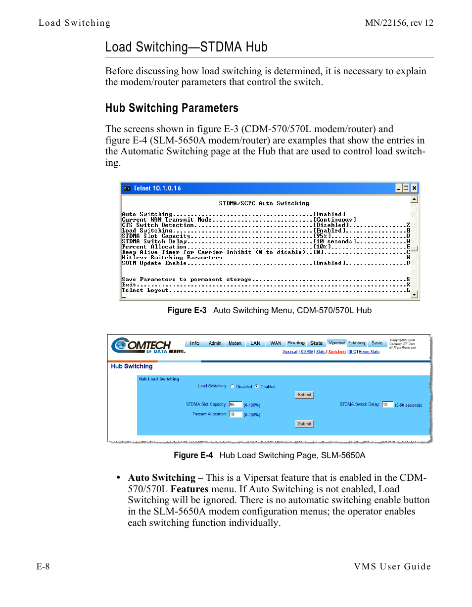 Load switching—stdma hub, Hub switching parameters, Load switching—stdma hub . . . . . . . e-8 | Hub switching parameters . . . . . . . e-8, Figure e-3 auto switching menu, cdm-570/570l | Comtech EF Data VMS v3.12.x Vipersat User Manual | Page 464 / 558