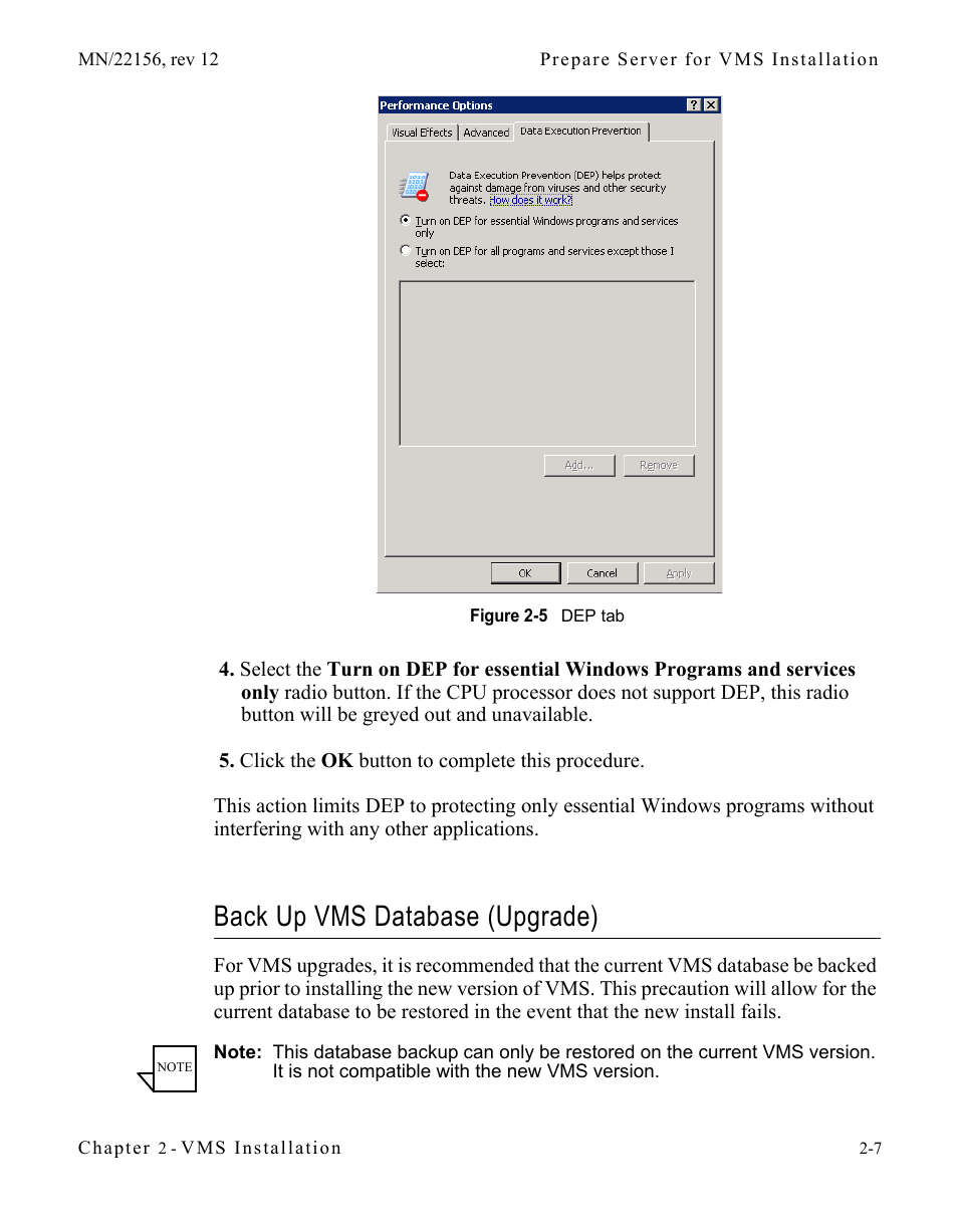 Back up vms database (upgrade), Back up vms database (upgrade) -7, Figure 2-5 dep tab | Comtech EF Data VMS v3.12.x Vipersat User Manual | Page 47 / 558