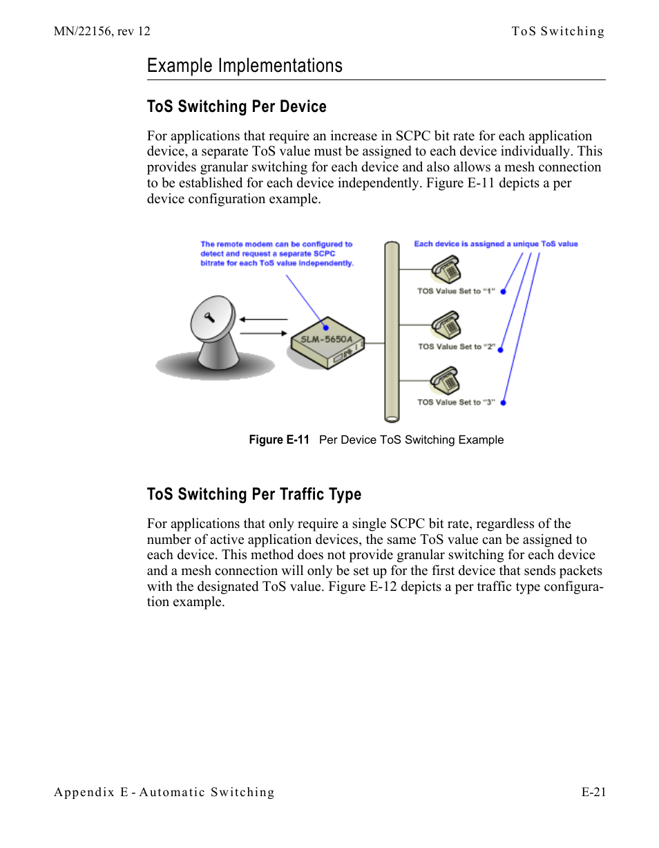 Example implementations, Tos switching per device, Tos switching per traffic type | Example implementations. . . . . . . . . e-21, Figure e-11 per device tos switching example | Comtech EF Data VMS v3.12.x Vipersat User Manual | Page 477 / 558